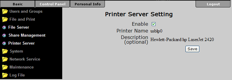Serwer wydruku (Printer Server) W tej części możliwe jest włączenie lub wyłączenie serwera wydruku i sprawdzenie informacji o podłączonej drukarce USB.