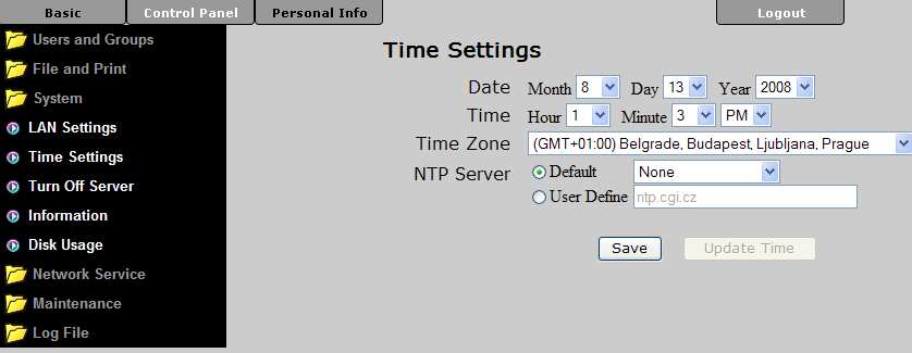 Ustawienia czasu (Time Settings) W tym dziale możliwe jest ręczne ustawienie daty oraz czasu lub wybranie strefy czasowej z listy I użycie serwera NTP do synchronizacji czasu przez internet.