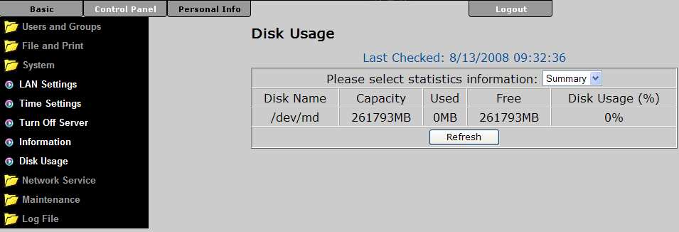 Wykorzystanie Dysku (Disk Usage) W tej części znaleźć można podsumowanie dotyczące