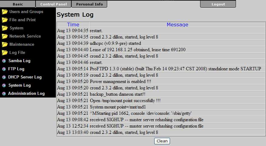 Plik Dziennika (Log File) Menu zawiera wszystkie pliki dzienników urządzenia MySafe NAS.