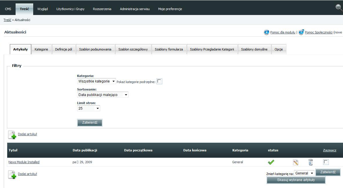 Dodawania aktualności Tytuł -- Krótki tytuł (nagłówek) artykułu. Kategoria -- Pozwala wybrać kategorię dla artykułu. Każda kategoria może być wyświetlana oddzielnie w serwisie.