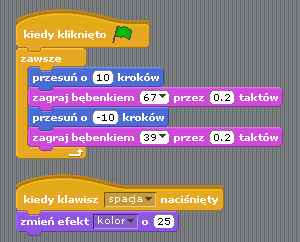 Rys. 8 9. Dodaj bloczek kiedy kiedy klawisz naciśnięty. Ułóż go na bloczku zmieo efekt (Rys. 9).