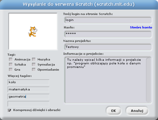 3. Wypełnij formularz, który się otworzy (Rys. 19). Koniecznie wpisz swój login do serwisu Scratch, hasło oraz nazwę projektu.
