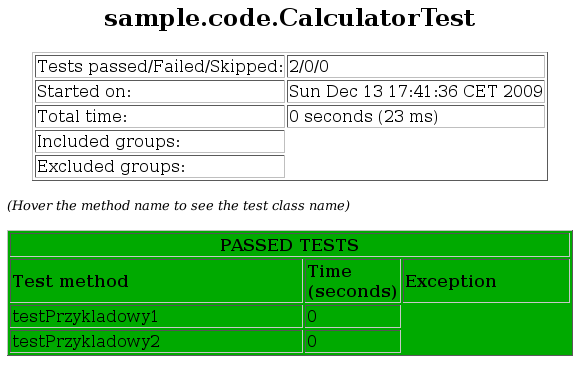 Rysunek 19 Przykładowy raport z testów TestNG.