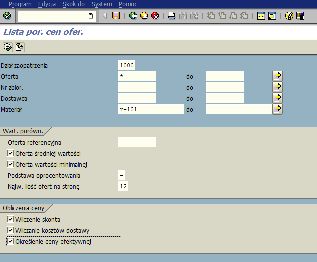 Lista porównań cen ofertowych ME49 W tej transakcji możemy zrobić porównanie ofert dla tego samego materiału od różnych dostawców. 1. Wpisujemy Dział zaop. 1000 2. Podajemy nr oferty - * 1. 2. 3.
