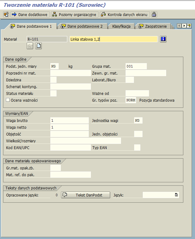 Tworzenie materiału MM01 Dane podstawowe 1 1. 2 3 5 6 4 7 Uzupełniamy następujące pola: 1. Nazwa materiału Linka stalowa 1.2 2.