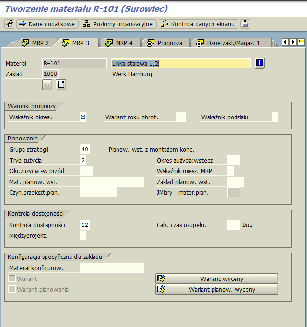 Tworzenie materiału MM01 MRP3 1 W tej zakładce przypisujemy parametry sterujące MRP dla planowania i kontroli dostępności materiału.