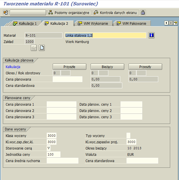 Tworzenie materiału MM01 Kalkulacja 2 W tej zakładce wyświetlane są dane dotyczące kalkulacji