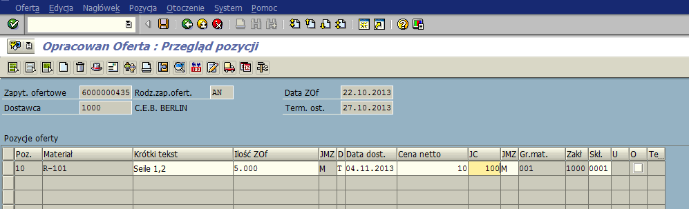 Opracowanie Ofert Przegląd pozycji - ME47 6. 5. Należy uzupełnić następujące pola: 1. 2. 3. 4. 1. Data dostawy 04.11.2013 2.