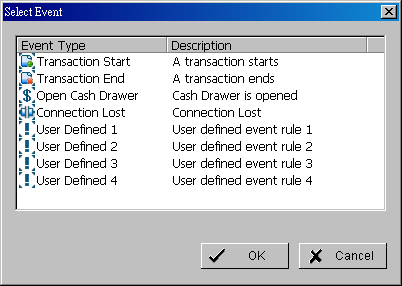 Krok 2: Istnieje 5 typów zdarzeń: Start transakcji, Koniec transakcji, Otwarcie szuflady, Utracone połączenie, Reguły użytkownika. Wybierz jeden z nich i naciśnij OK.