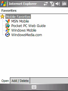 Przeglądanie stron internetowych 1. Puknij Internet Explorer. 2. Wybierz przycisk ekranowy Favorites, aby wyświetlić listę Ulubionych stron. Puknij, aby wejść na stronę internetową. Puknij. aby dodać lub zlikwidować link.