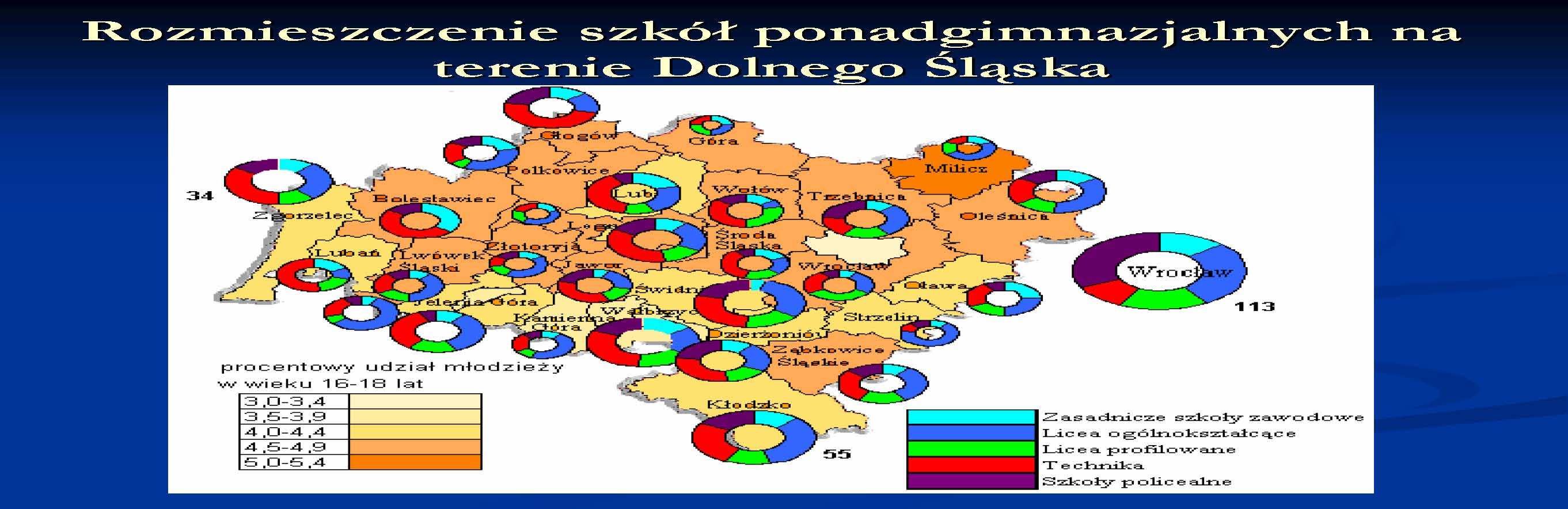 Rozmieszczenie szkół ponadgimnazjalnych na terenie Dolnego Śląska 2008 Źródło:http://www.wiedzaplus2.ae.wroc.
