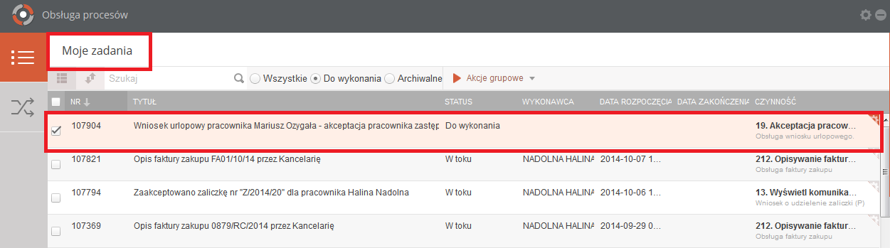 2.3.1 Wybór sekcji zadań do wykonania Wybór i obsługa sekcji zadań do wykonania został szczegółowo opisany w podręczniku użytkownika: rozdział: Główny formularz modułu Obsługa dokumentów rozdział: