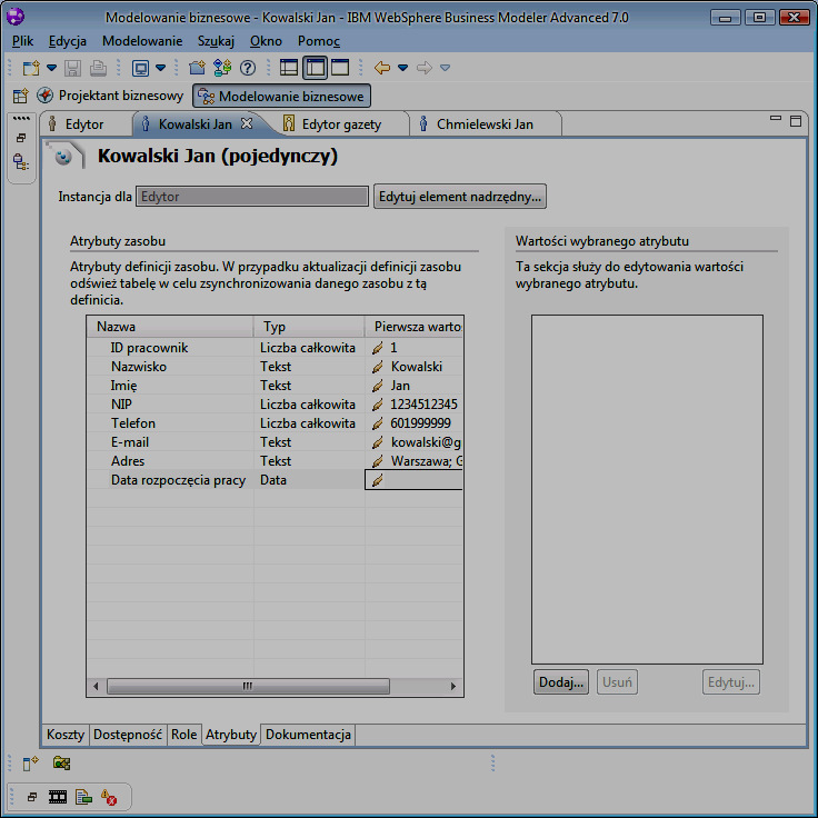 The way to define rules in WebSphere Business Modeler [6] Do każdego zadania w diagramie biznesowym można przypisać definicję zasobu potrzebnego do jego realizacji.