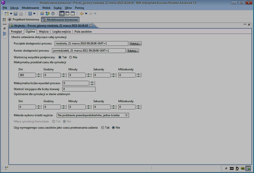 Modelowanie, symulacja i analiza systemów w środowisku WebSphere Business Modeler wyboru wariantów przepływu sterowania w diagramie, itp.