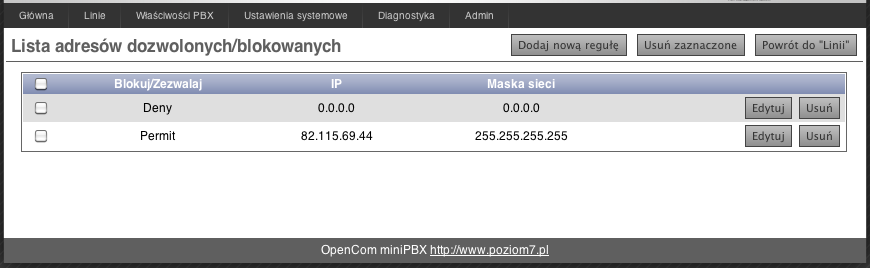 OpenComPBX 16 Lista linii czyli abonentów wewnętrznych centrali OpenCom minipbx.