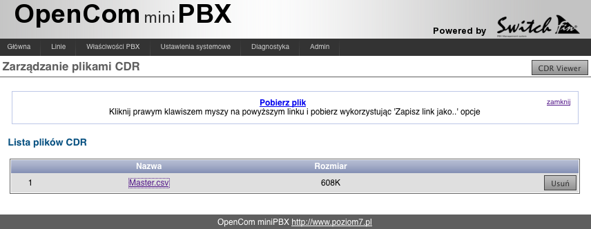 OpenComPBX 35 5.5 Admin 5.5.1 Rekordy CDR Centrala OpenCom minipbx zapisuje informację o każdym połączeniu w postaci rekordu CDR. Rekordy te są z kolei gromadzone w przyrostowym pliku CSV.