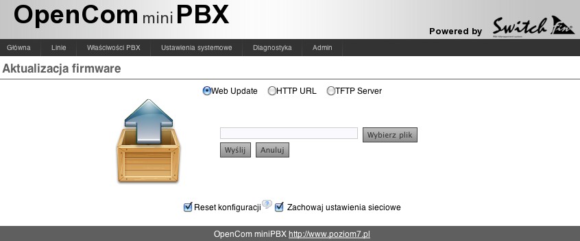 OpenComPBX 40 5.5.6 Aktualizacja firmware Interfejs GUI pozwala w prosty i szybki sposób aktualizować oprogramowanie centrali.