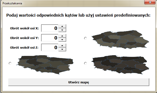 Możemy podać ręcznie wybrane parametry z przedziału od -360 st. do 360 st. dla każdego obrotu lub użyć pokręteł powiązanych z odpowiednimi polami.