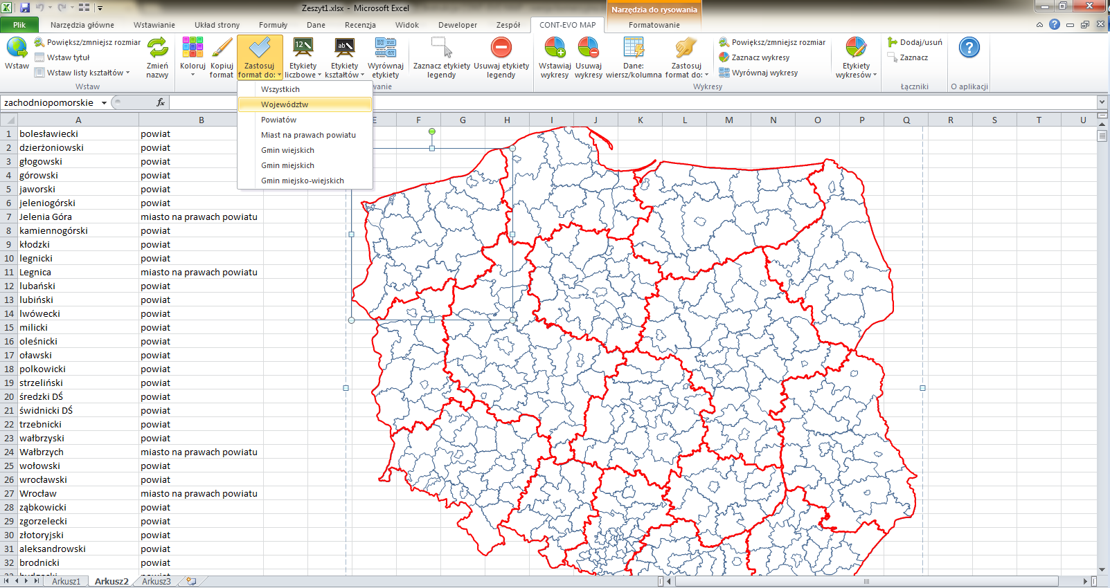 10. W ostatnim kroku, należy użyć polecenia Zastosuj format do: > Województw w celu uzyskania seryjnej zmiany formatowanie wszystkich kształtów obrazujących województwa, wg wzorcowego, z którego