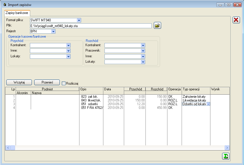 Rysunek 10 Okno Import zapisów Wyżej wymienione zmiany zostały wprowadzone w celu zautomatyzowania procesu zakładania lokaty oraz jej likwidacji. 5.4.2.
