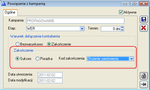 Analogiczne działanie kodów zakooczenia jest dostępne w oknie wołanym z pozycji: Zakoocz działania z kontrahentami, udostępnionej w menu kontekstowym na etapach kampanii. 4.