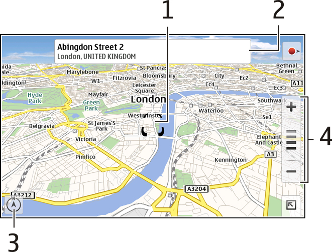 102 Znajdowanie i zapisywanie lokalizacji Elementy mapy 1 Wybrana lokalizacja 2 Informacje o lokalizacji 3 Kompas 4 Ikony powiększania Modyfikowanie mapy Dostosuj wygląd mapy do własnych potrzeb.