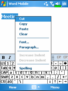 Word Mobile Word Mobile współpracuje ze swoim odpowiednikiem na komputerze PC czyli z Microsoft Word, można synchronizować pliki pomiędzy tymi programami przy pomocy ActiveSync.