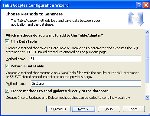 g) Przejdź do kolejnego kroku kreatora i zaznacz w nim opcje generacji wszystkich metod proponowanych przez kreator: obu możliwych sposobów wypełniania obiektu DataTable wynikami zapytania i metod