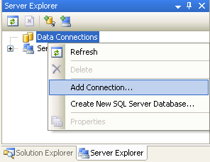 2. Utworzenie połączenia z bazą danych w środowisku MS Visual Studio a) W panelu Server Explorer wywołaj prawym klawiszem myszy menu kontekstowe