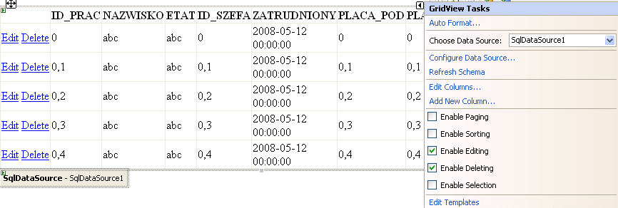 d) Techniką drag-and-drop umieść tabelę PRACOWNICY na stronie SqlDataSource.aspx.