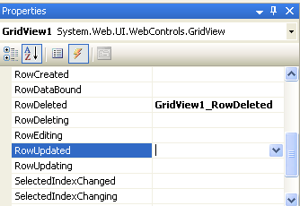 b) W palecie właściwości komponentu GridView przełącz się na zakładkę Events i utwórz procedury obsługi zdarzeń RowDeleted i RowUpdated.