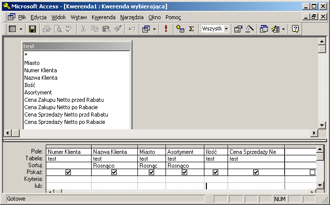 Kwerendy - Widok Projekt Które pola chcemy dodać do kwerendy wszystkie pola - klikamy na * w tabeli w pierwszej kolumnie pojawia się nazwa tabeli i * klikamy dwukrotnie na pole które chcemy dodać do