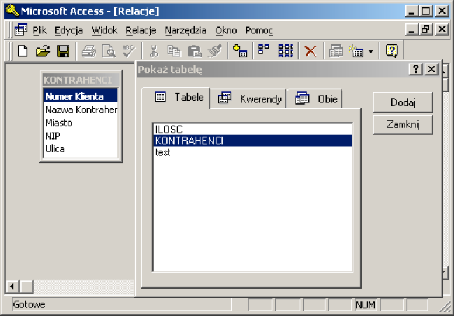 Praca z więcej niż jedną tabelą Relacje (związki) między tabelami są definiowane w specjalnym oknie MS Access - Relacje.