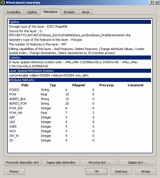 Rysunek 3. Okno metadanych. 1.4. Metoda selekcji danych z warstw tematycznych. Kolejnym krokiem w ćwiczeniu będzie wyselekcjonowanie danych ze wskazanej warstwy tematycznej.