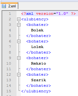 Odbieranie danych XML prosty przykład, seria danych Chcemy pobrać listę ulubionych bohaterów z pliku 2.xml zapisanego na serwerze.