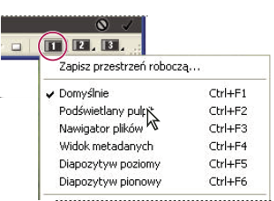 BRIDGE/VERSION CUE 13 Przyciski przestrzeni roboczej Domyślne przestrzenie robocze Do programu Bridge dołączone zostały prekonfigurowane przestrzenie robocze: Domyślnie Wyświetla panele Ulubione,