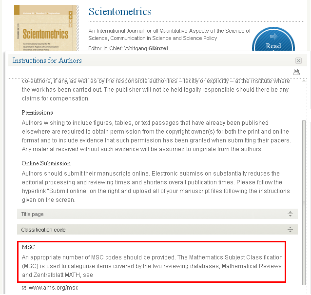 Wymóg redakcji czasopisma Scientometrics dotyczący kodu klasyfikacyjnego Mathematics Subject Classification Źródło: SCIENTOMETRICS