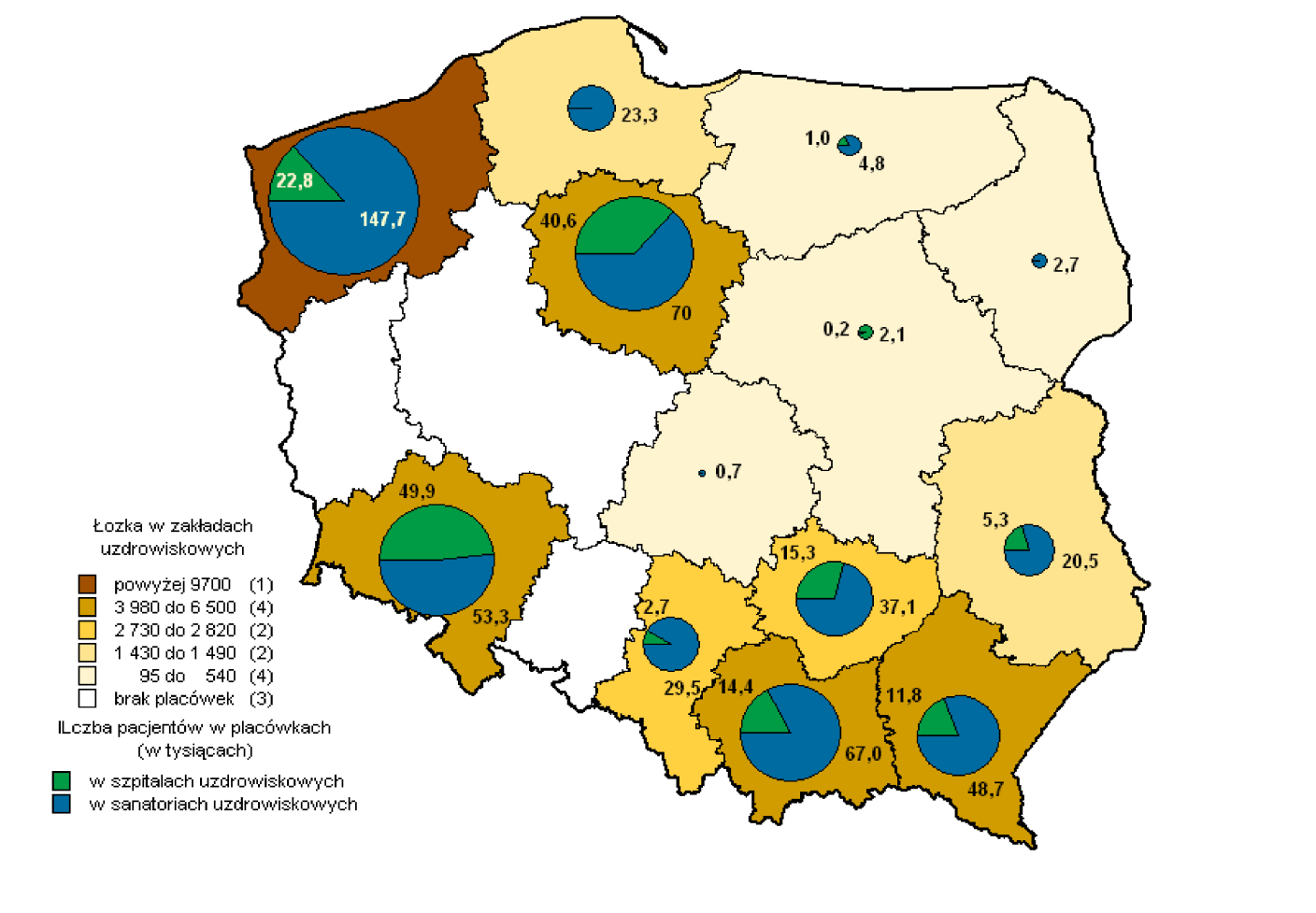 Rysunek 32. Rozmieszczenie łóżek lecznictwa uzdrowiskowego i liczba kuracjuszy leczonych stacjonarnie według województw w 2012 r. Źródło: GUS 2012. Zdrowie i ochrona zdrowia w 2012 r.