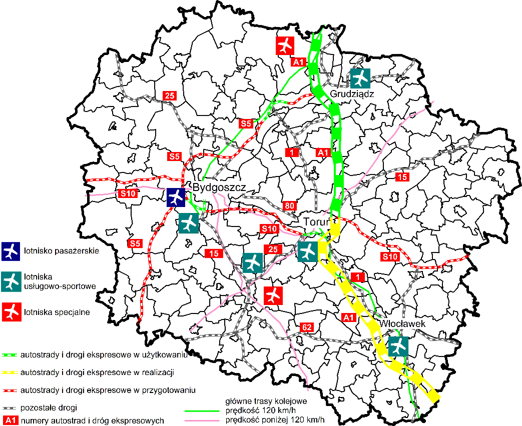 Rysunek 25. Sieć transportowa w województwie kujawsko-pomorskim Źródło: opracowanie własne na podstawie Planu zagospodarowania przestrzennego województwa kujawskopomorskiego, http://www.