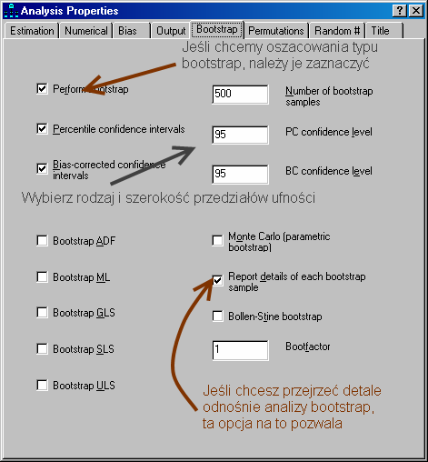 W zakładce Bootstrap (Bootstrap) możemy wskazać, czy chcemy oszacować trafność naszego modelu i jego parametry w symulacjach typu bootstrap.