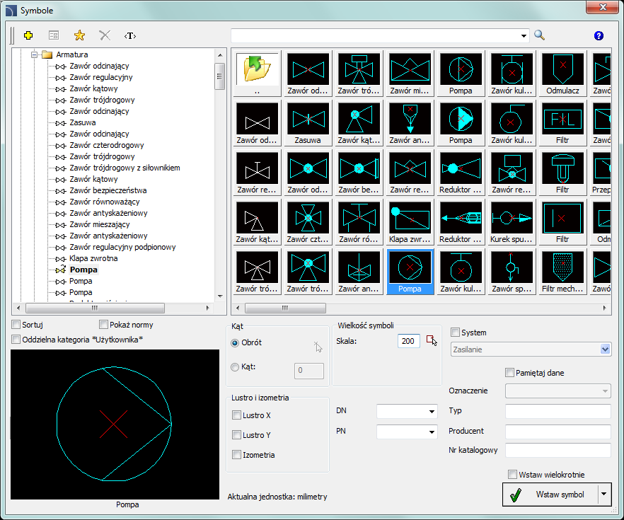 CADprofi HVAC & Piping: Symbole Symbole Polecenie Symbole oraz Wentylacja Symbole umożliwia wstawianie do rysunku różnorodnych symboli z dostępnej biblioteki.