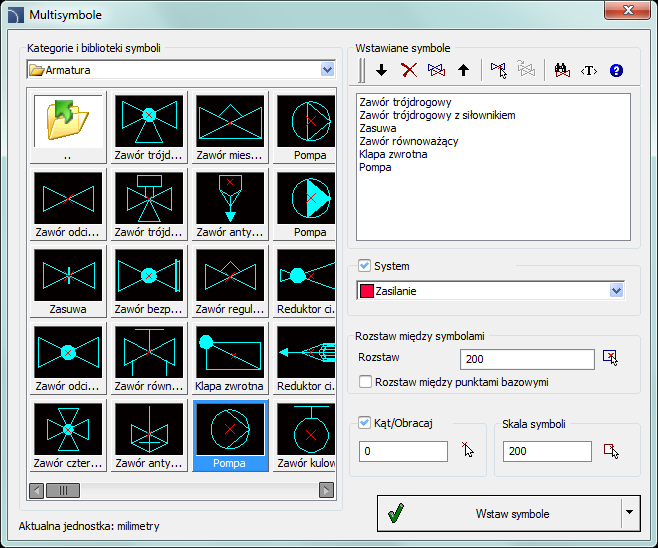 CADprofi HVAC & Piping: Multisymbole Multisymbole Polecenie Multisymbole oraz Wentylacja Multisymbole umożliwia wstawienie w jednym ciągu wielu symboli.