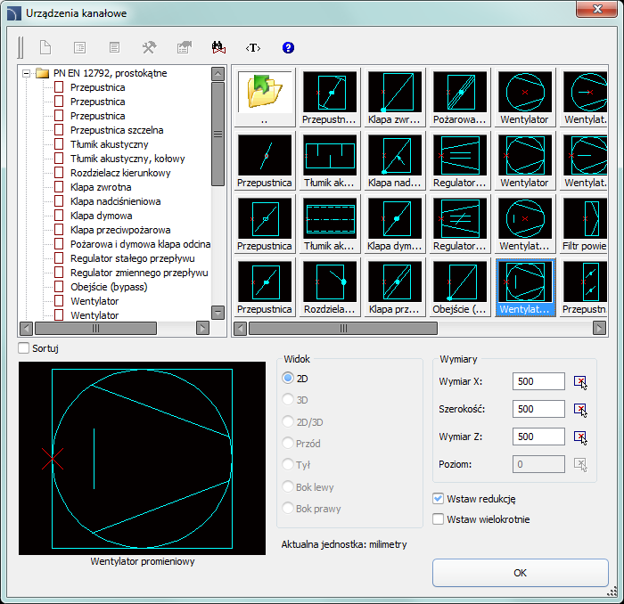 CADprofi HVAC & Piping: Urządzenia kanałowe Urządzenia kanałowe Polecenie Urządzenia kanałowe umożliwia wstawianie wyposażenia instalacji wentylacyjnych.