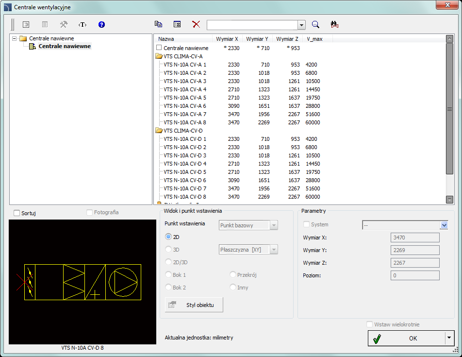 CADprofi HVAC & Piping: Centrale wentylacyjne Centrale wentylacyjne Polecenie Centrale wentylacyjne umożliwia wstawianie central nawiewnych w widoku 2D.