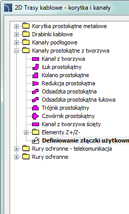 CADprofi Electrical: 2D Trasy kablowe korytka i kanały Procedury Wstawianie korytka 1. Uruchom polecenie 2D Trasy kablowe korytka i kanały. 2. W oknie dialogowym 2D Trasy kablowe korytka i kanały, z listy dostępnych kategorii wybierz Kanał, Korytko lub Rurę ochronną.