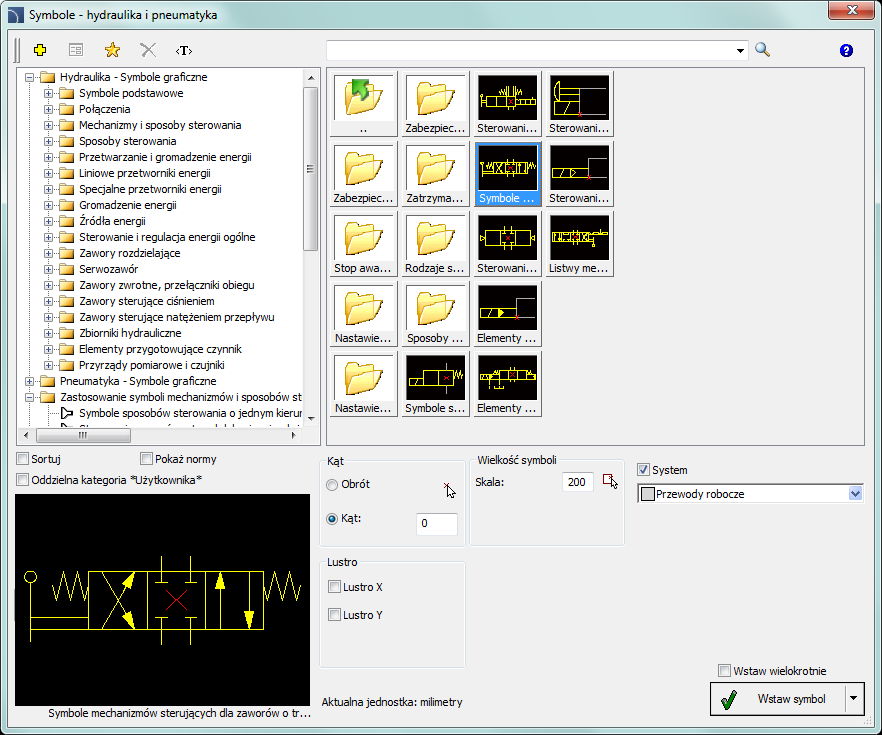 CADprofi Mechanical: Symbole hydraulika i pneumatyka Drzewo kategorii zbiór wszystkich kategorii i symboli zawartych w bibliotece, przedstawionych w układzie rozwijanego drzewa.