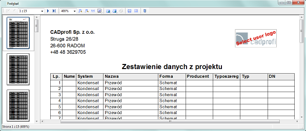 CADprofi Polecenia ogólne: Zestawienia materiałów Wydruk/Eksport danych Po wciśnięciu przycisku Drukuj wyświetlane jest okno z opcjami wydruku.