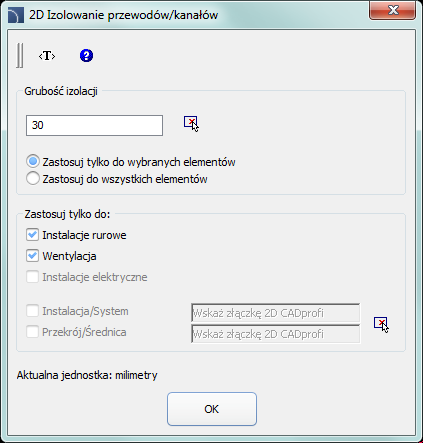 CADprofi Polecenia ogólne: CADprofi Edycja 2D Izolowanie przewodów/kanałów Polecenie 2D Izolowanie przewodów/kanałów pozwala na izolowanie przewodów.