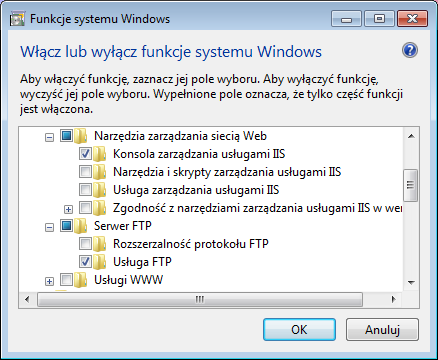 Przykład uruchomienia serwera FTP na przykładzie systemu Windows7 x64 Profesional. W systemie należy najpierw dodać do systemu dwie funkcję z sekcji Internetowych usług informacyjnych.